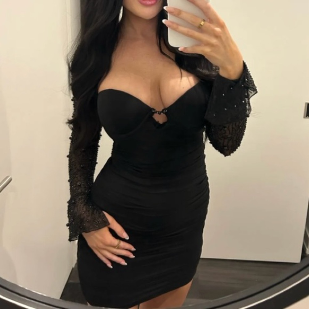 Oh Polly Black Mini Bodycon Dress with Sheer Beaded Sleeves